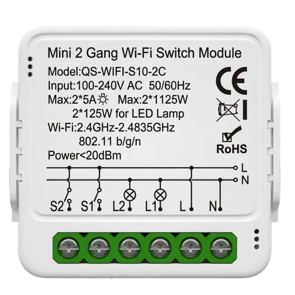 Tuya Mini 2-Gang WiFi Switch Module - Dual Channel Smart Relay